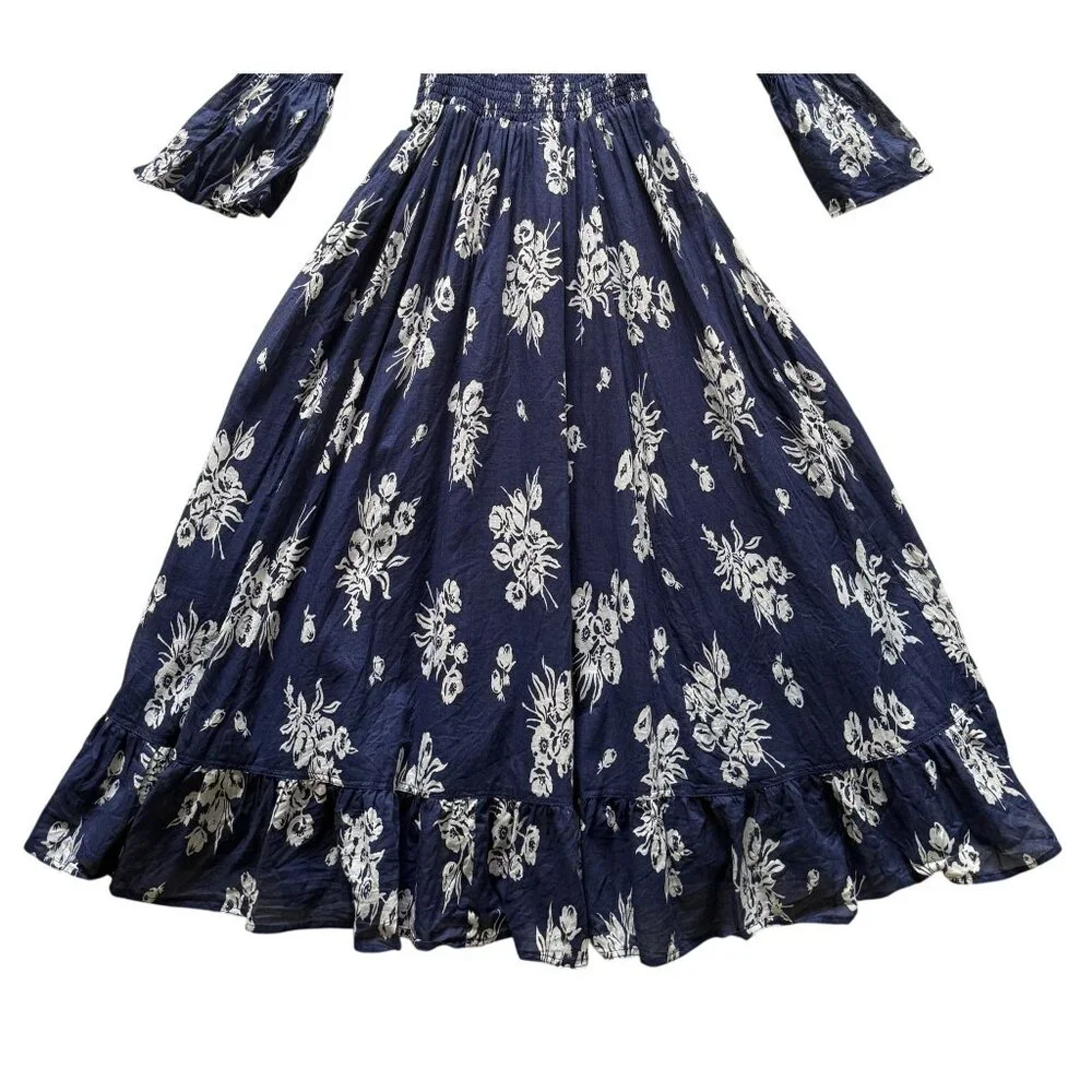 Polo Ralph Lauren Off-Shoulder Navy Floral MidiDress Smocked Bell Sleeves Large - Picture 2 of 6